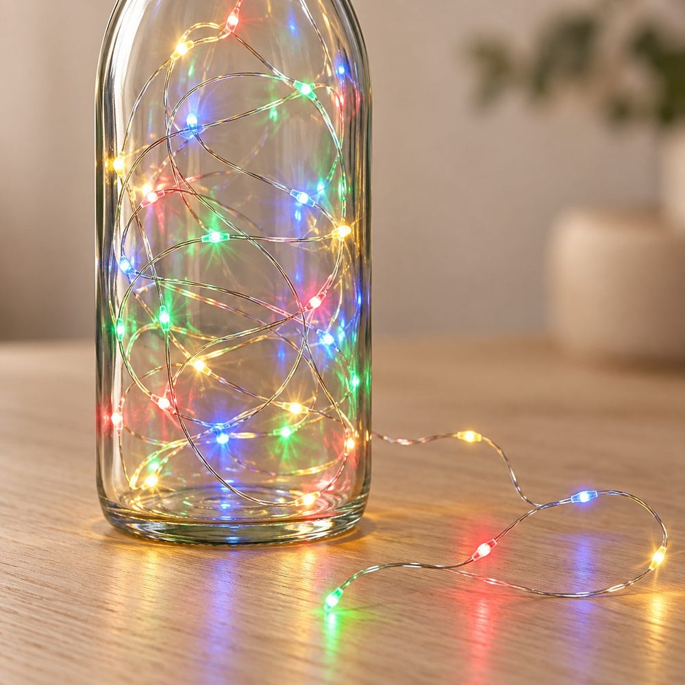 Instalatie Luminoasa de Craciun, Tip Sir cu Fir din Cupru, 50 LED-uri, cu Baterii, 2 Moduri, 5 m, Multicolor