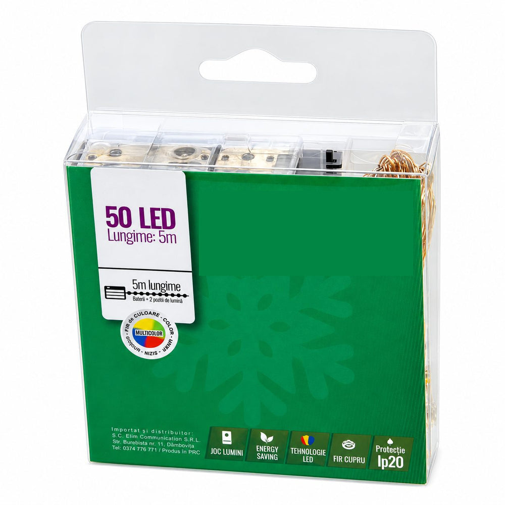 Instalatie Luminoasa de Craciun, Tip Sir cu Fir din Cupru, 50 LED-uri, cu Baterii, 2 Moduri, 5 m, Multicolor