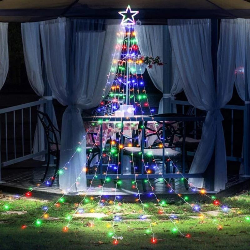 Instalatie luminoasa tip perdea pentru pomul de Craciun, cu stea luminoasa, 350 LED-uri, conectare