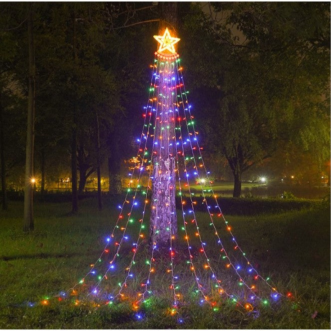 Instalatie luminoasa tip perdea pentru pomul de Craciun, cu stea luminoasa, 350 LED-uri, conectare