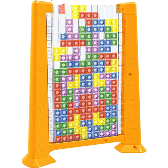 Joc de inteligenta Tetris puzzle tangram, 70 de piese multicolore, 3D, montessori, interactiv, din plastic, zar inclus, sac depozitare piese, varsta peste 6 ani, 23 x 19.8 x 5 cm, cadru galben