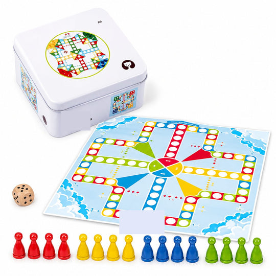 Joc de Societate Board Game de Calatorie, Flying Chess, 2-4 Jucatori, 16 Pioni, Zar si Tabla de Joc, Cutie Metalica, Multicolor