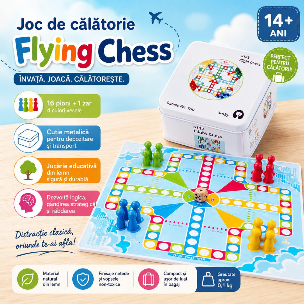 Joc de Societate Board Game de Calatorie, Flying Chess, 2-4 Jucatori, 16 Pioni, Zar si Tabla de Joc, Cutie Metalica, Multicolor