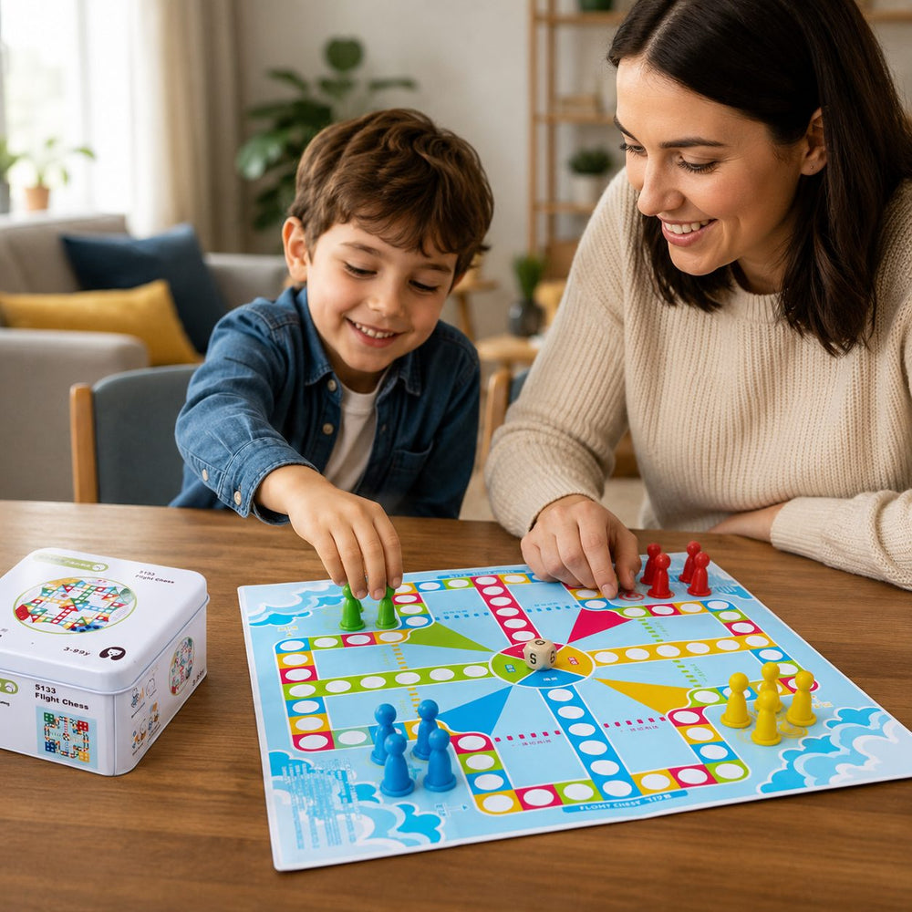 Joc de Societate Board Game de Calatorie, Flying Chess, 2-4 Jucatori, 16 Pioni, Zar si Tabla de Joc, Cutie Metalica, Multicolor