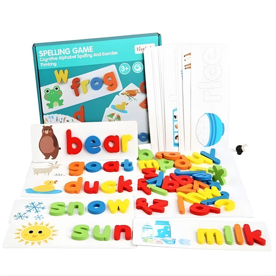 Joc Educativ de Formare a Cuvintelor, 52 Litere din Lemn, 28 Carduri Fata-Verso, Alfabet Englez, 3 Ani+, Multicolor
