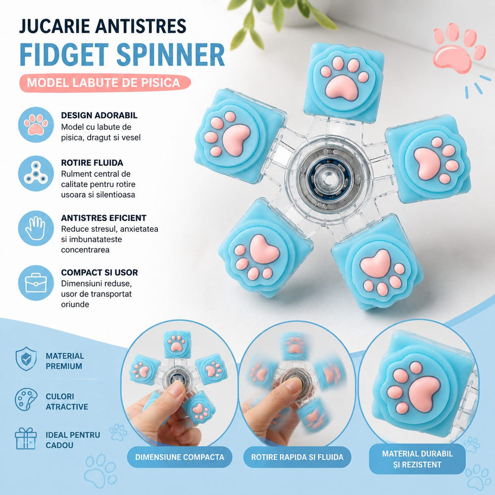 Jucarie Antistres Fidget Spinner, Model Labute de Pisica, 5 Brate cu Elemente Decorative Tip Paw, Rotire Manuala, Design Compact, 7.5x7.5 cm, Albastru
