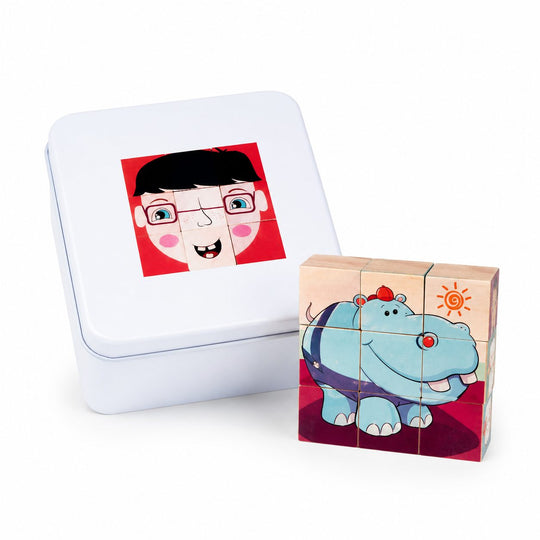 Jucarie Educativa din Lemn, Cuburi Puzzle cu Imagini in Cutie Metalica, Joc de Calatorie pentru Dezvoltarea Gandirii Logice, Atentiei si Indemanarii, Multicolor