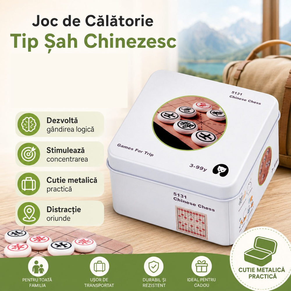 Jucarie Educativa din Lemn, Joc de Calatorie Tip Sah Chinezesc cu Cutie Metalica, Dezvolta Gandirea Logica si Concentrarea, Multicolor