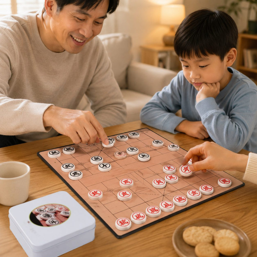 Jucarie Educativa din Lemn, Joc de Calatorie Tip Sah Chinezesc cu Cutie Metalica, Dezvolta Gandirea Logica si Concentrarea, Multicolor