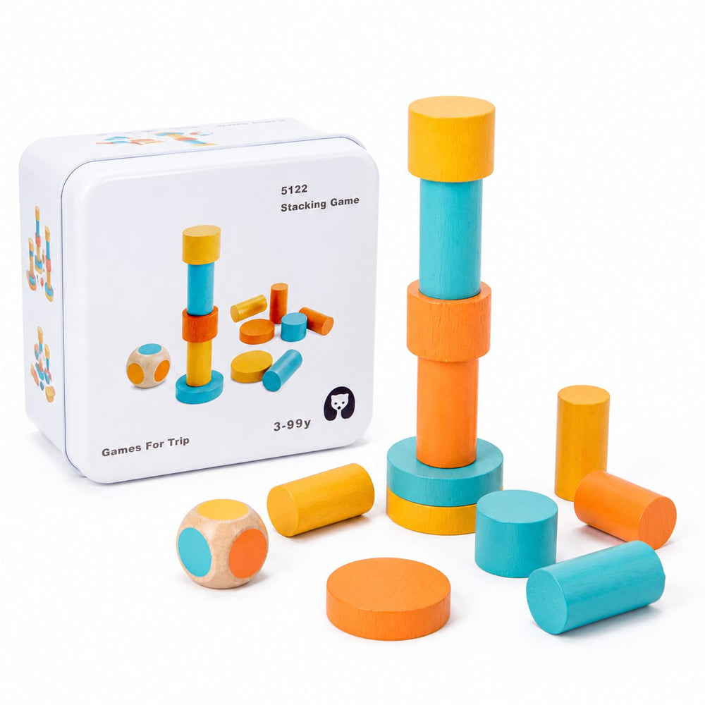 Jucarie Educativa din Lemn, Joc de Echilibru, Piese Colorate cu Zar, Cutie Metalica pentru Depozitare, 15 cm, Multicolor