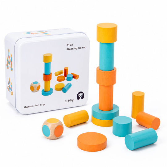 Jucarie Educativa din Lemn, Joc de Echilibru, Piese Colorate cu Zar, Cutie Metalica pentru Depozitare, 15 cm, Multicolor