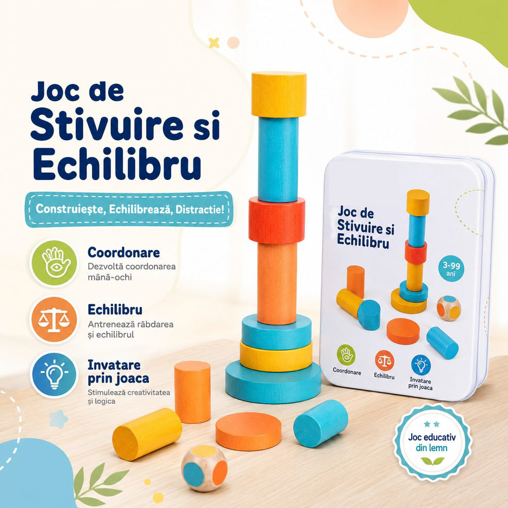 Jucarie Educativa din Lemn, Joc de Echilibru, Piese Colorate cu Zar, Cutie Metalica pentru Depozitare, 15 cm, Multicolor