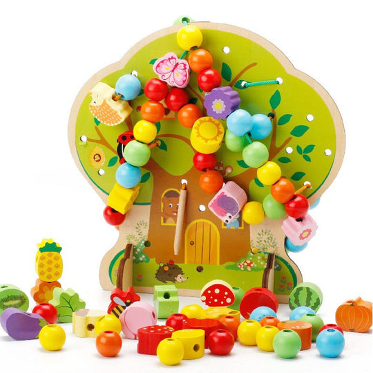 Jucarie Educativa Montessori 2 in 1 din Lemn, Model Pomul cu Fructe, 102 piese, Dezvoltare Motricitate Fina, Copii 3+ ani, 21.5 x 21.4 x 5 cm, Multicolor