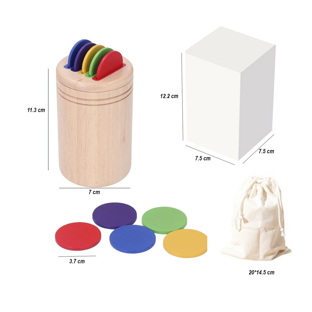 Jucarie Educativa Montessori din Lemn, 13 Piese, Sortator cu Discuri Colorate, Joc de Motricitate Fina pentru Copii, Varsta 2+ ani, Saculet Depozitare, 11.3 x 7 cm, Multicolor