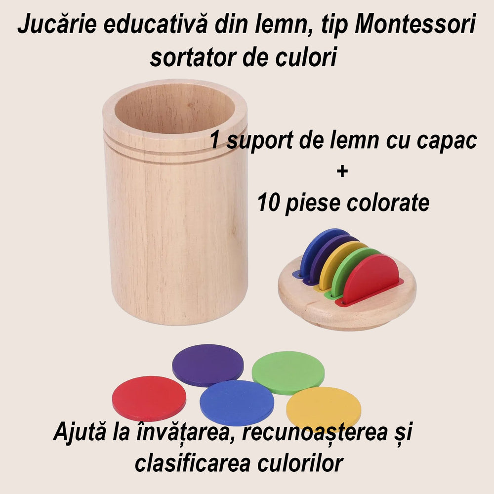 Jucarie Educativa Montessori din Lemn, 13 Piese, Sortator cu Discuri Colorate, Joc de Motricitate Fina pentru Copii, Varsta 2+ ani, Saculet Depozitare, 11.3 x 7 cm, Multicolor