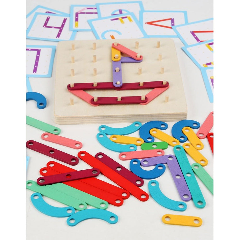 Jucarie Montessori Pegboard, din Lemn, Tip Puzzle, Forme, Litere, Educativ, 17.8 x 17.8 x 1.5 cm, Multicolor