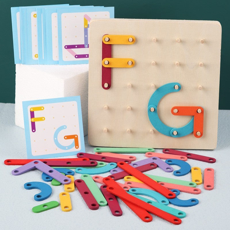 Jucarie Montessori Pegboard, din Lemn, Tip Puzzle, Forme, Litere, Educativ, 17.8 x 17.8 x 1.5 cm, Multicolor