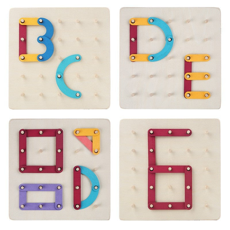 Jucarie Montessori Pegboard, din Lemn, Tip Puzzle, Forme, Litere, Educativ, 17.8 x 17.8 x 1.5 cm, Multicolor