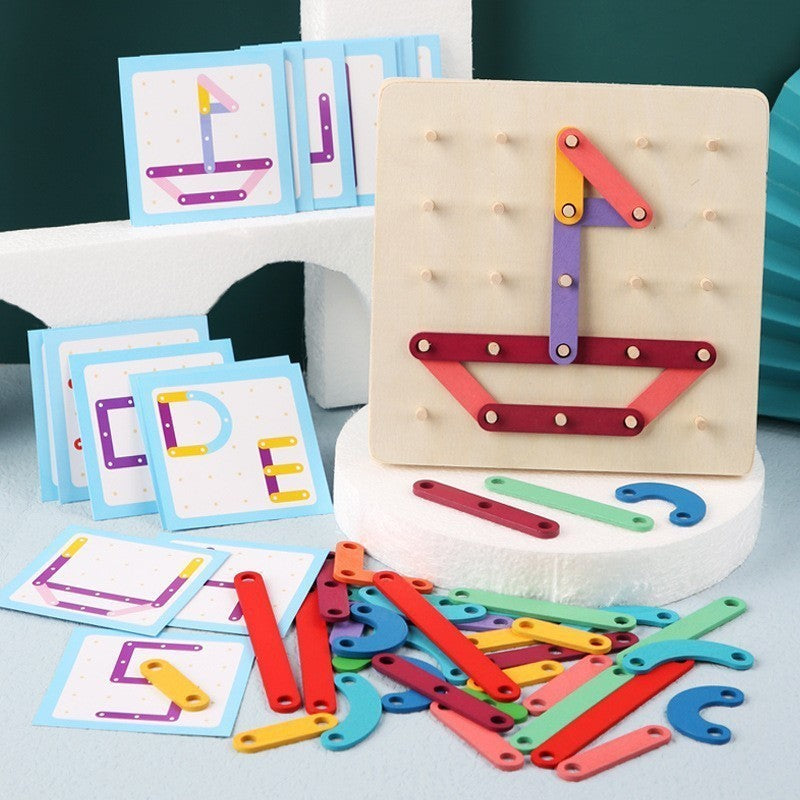 Jucarie Montessori Pegboard, din Lemn, Tip Puzzle, Forme, Litere, Educativ, 17.8 x 17.8 x 1.5 cm, Multicolor