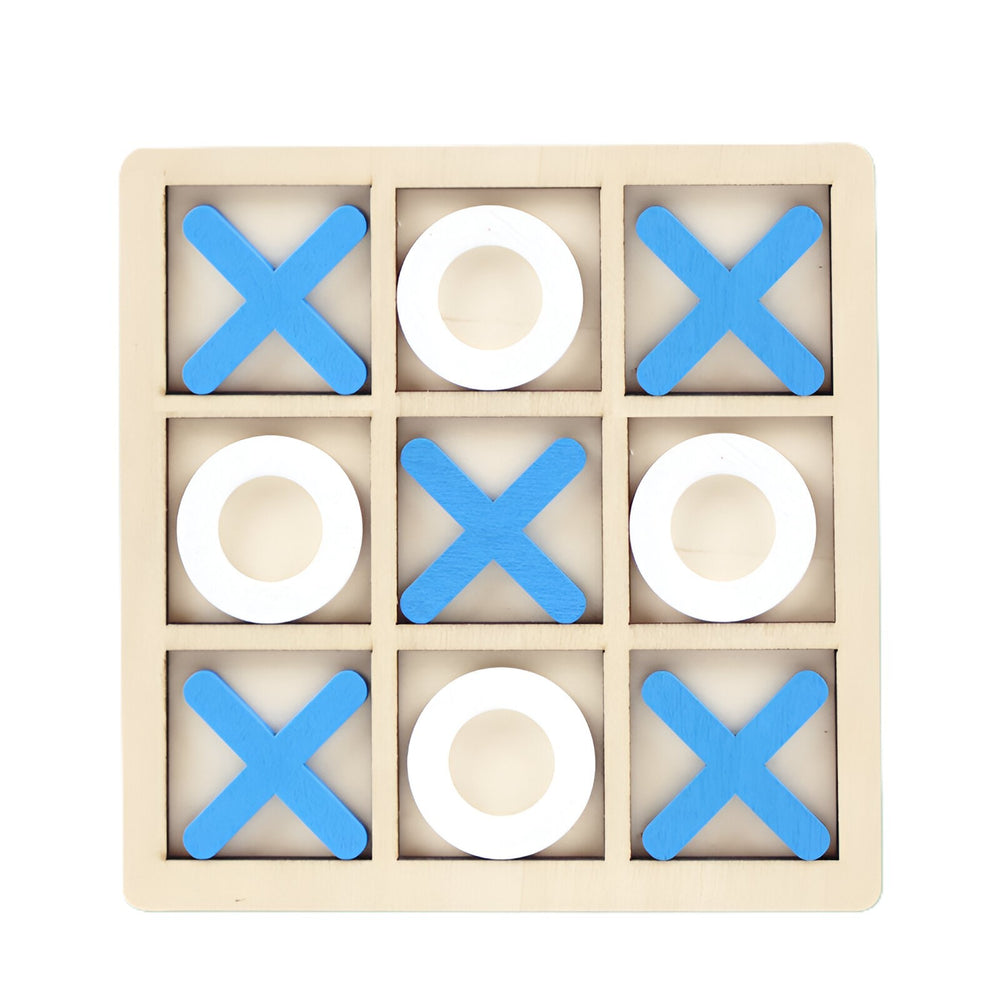 Jucarie Montessori Tic Tac Toe, Educativa, Interactiva, din lemn, X si O, 9 Piese, 14.3x14.3 cm, Albastru Alb