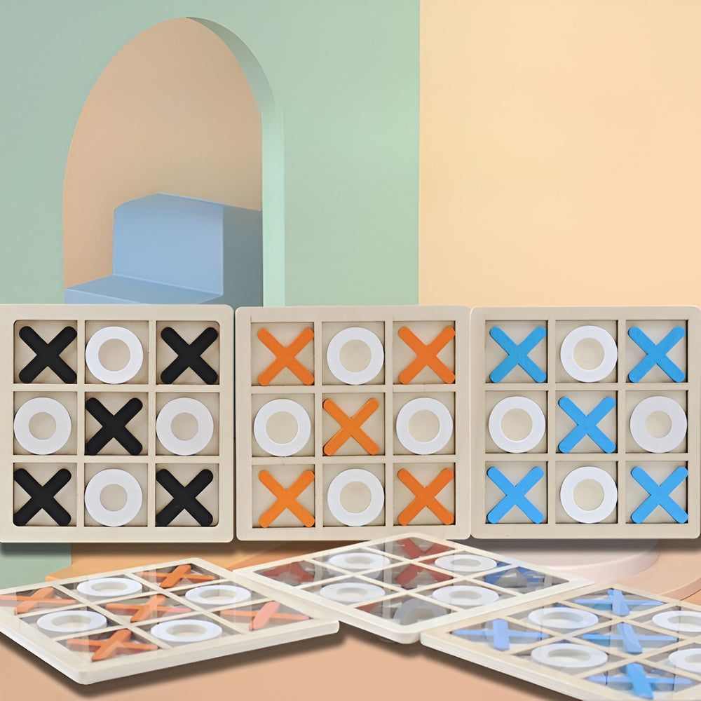 Jucarie Montessori Tic Tac Toe, Educativa, Interactiva, din lemn, X si O, 9 Piese, 14.3x14.3 cm, Albastru Alb