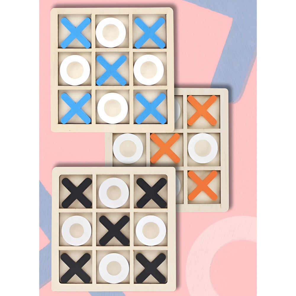 Jucarie Montessori Tic Tac Toe, Educativa, Interactiva, din lemn, X si O, 9 Piese, 14.3x14.3 cm, Albastru Alb