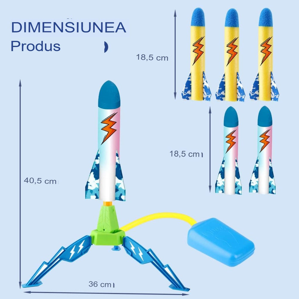 Jucarie pentru Copii, Lansator de Rachete cu Piciorul, un Singur Lansator, 6 Rachete Fara Lumini, 40.5 cm Inaltime, Multicolor