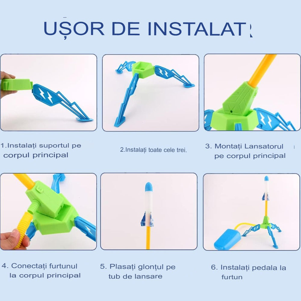 Jucarie pentru Copii, Lansator de Rachete cu Piciorul, un Singur Lansator, 6 Rachete Fara Lumini, 40.5 cm Inaltime, Multicolor