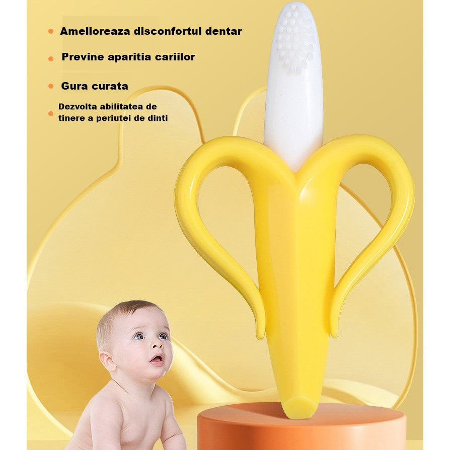 Jucărie pentru Dentiție Bebeluși, Banană cu Mânere Ergonomice, Silicon Non-Toxic Fără Miros, Suprafață Texturată pentru Calmarea și Masarea Gingiilor, 10.5 x 5.9 cm, Galben