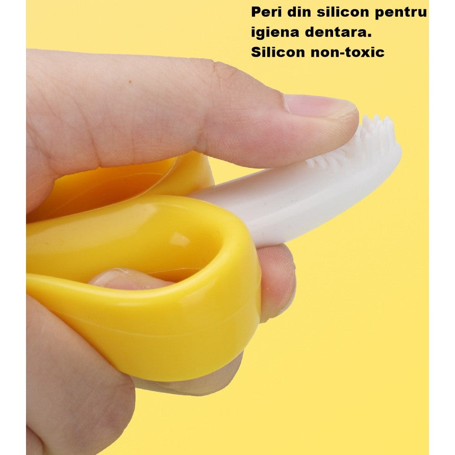 Jucărie pentru Dentiție Bebeluși, Banană cu Mânere Ergonomice, Silicon Non-Toxic Fără Miros, Suprafață Texturată pentru Calmarea și Masarea Gingiilor, 10.5 x 5.9 cm, Galben