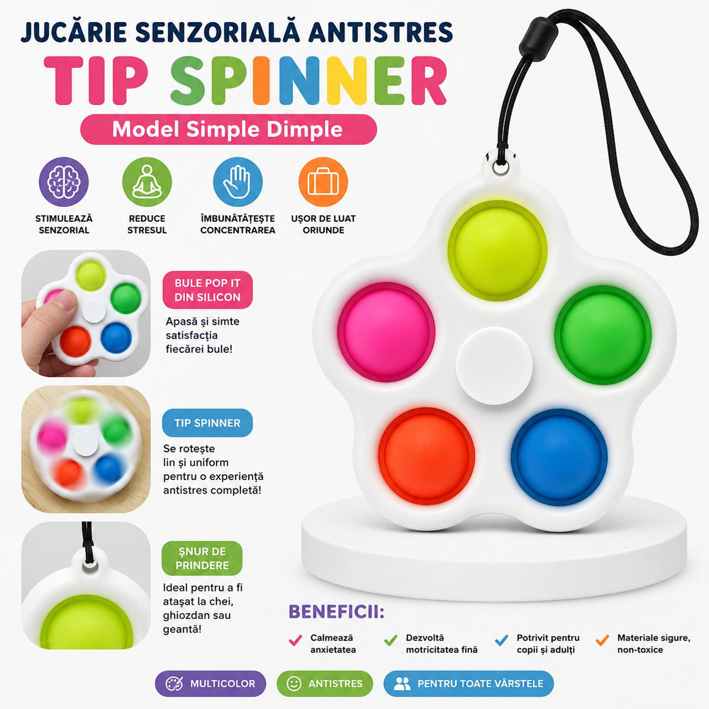 Jucarie Senzoriala Antistres Tip Spinner, Model Simple Dimple, cu 5 Bule Pop It, cu Snur de Prindere, pentru Relaxare si Stimulare Senzoriala, Multicolor