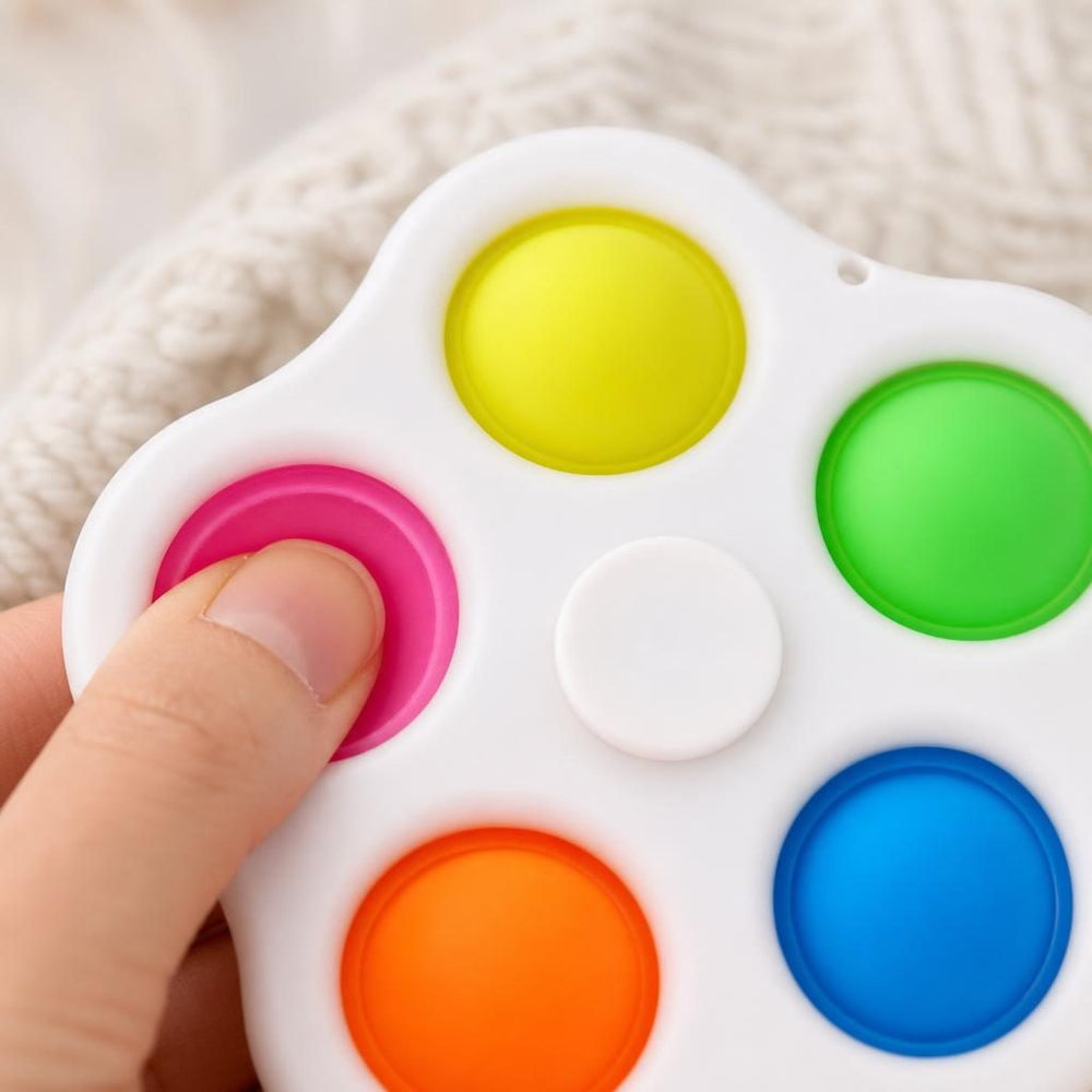 Jucarie Senzoriala Antistres Tip Spinner, Model Simple Dimple, cu 5 Bule Pop It, cu Snur de Prindere, pentru Relaxare si Stimulare Senzoriala, Multicolor