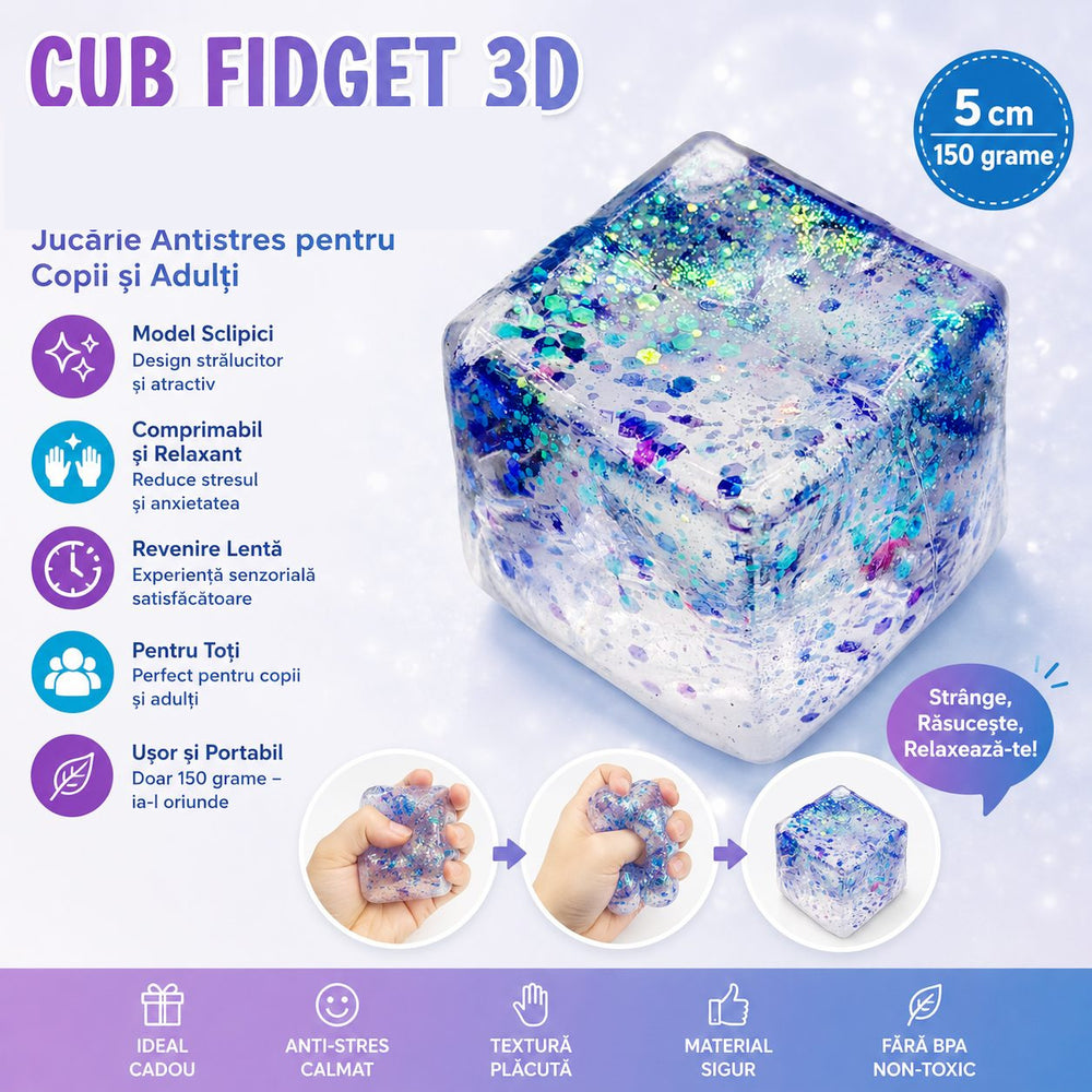 Jucarie Squishy tip Needoh in Forma de Cub, Model Squish Stretch Ball cu Sclipici, Antistres Senzoriala Comprimabila cu Revenire Lenta, 5x5x5 cm, 150 g, Mov