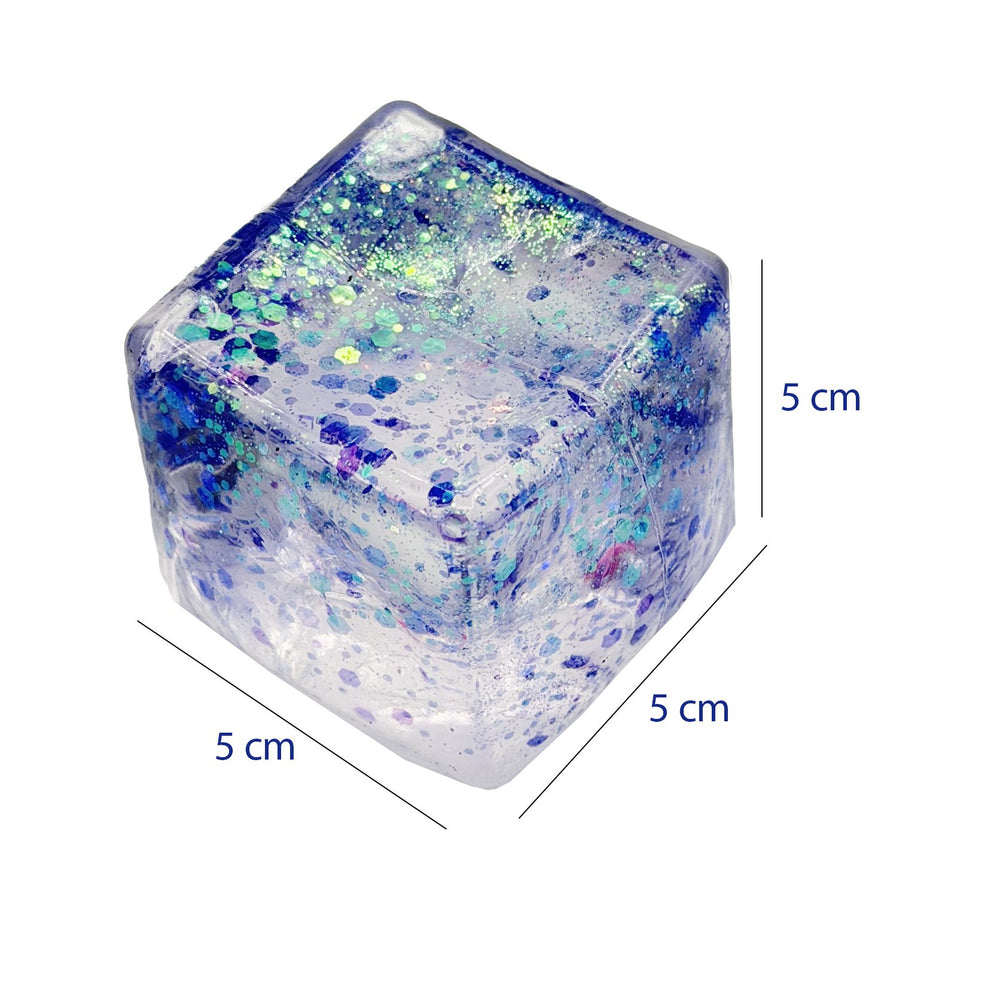Jucarie Squishy tip Needoh in Forma de Cub, Model Squish Stretch Ball cu Sclipici, Antistres Senzoriala Comprimabila cu Revenire Lenta, 5x5x5 cm, 150 g, Mov