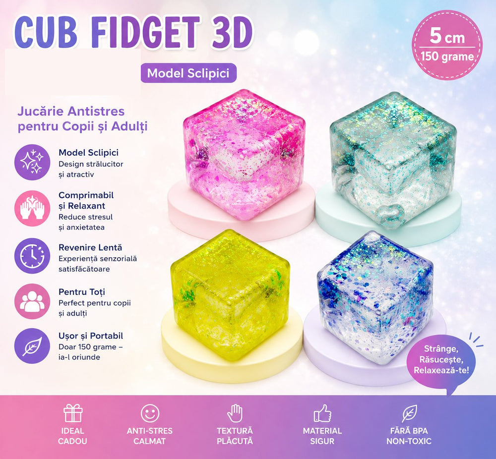 Jucarie Squishy tip Needoh in Forma de Cub, Model Squish Stretch Ball cu Sclipici, Antistres Senzoriala Comprimabila cu Revenire Lenta, 5x5x5 cm, 150 g, Mov