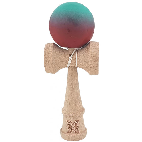 Kendama X Originala, Profesionala, din Lemn, Rubber Grip, 18 cm, Rosu/Verde