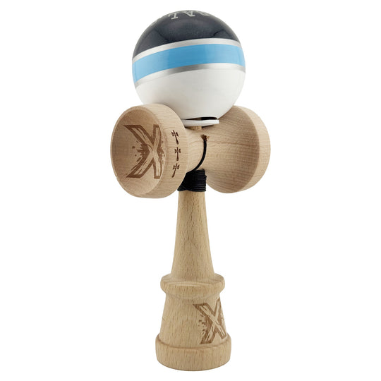 Kendama X Originala ROYAL SPIKE, Profesionala, Cupe Mari KING SIZE V3, Super Sticky, Gaura in Baza, Rulment Metalic, din lemn 18 cm, Ata 62/65 cm, Inel Albastru deschis