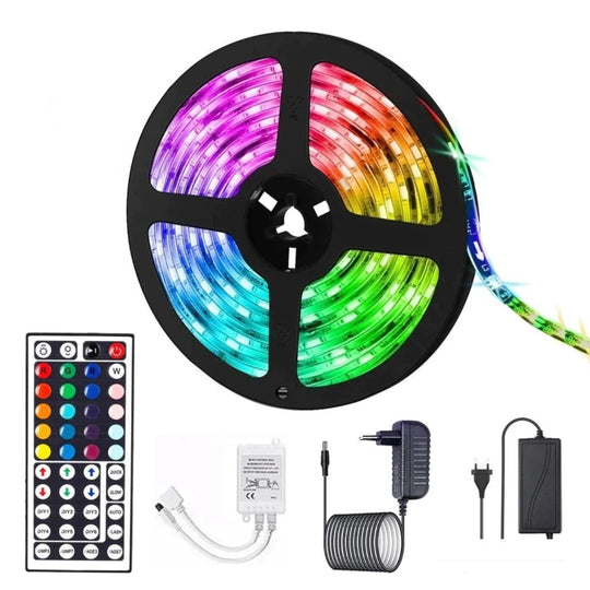Kit Banda Led RGB SMD 5050 cu Transformator inclus - Lungime 5 M, 270 LED-uri, Telecomanda 44 taste, pentru TV, PC, Auto, IP65, Lumina Ambientala