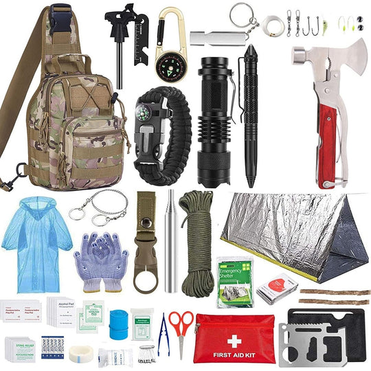 Kit de Supraviețuire Multifuncțional, Set cu 40 de Accesorii și Instrumente Profesionale, Trusă de Prim Ajutor, pentru Camping, Drumeții și Aventuri în Aer Liber, cu Borsetă de Depozitare Inclusă, Model Army, Negru