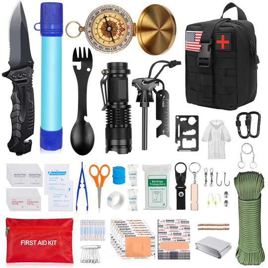 Kit de Supraviețuire Multifuncțional, Set cu 40 de Instrumente și Accesorii, Echipament pentru Prim Ajutor, Drumeții, Camping și Activități în Aer Liber, Depozitare Compactă, Negru