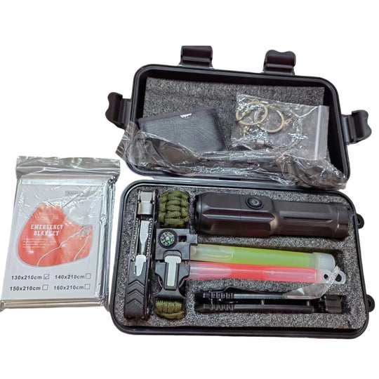 Kit supravietuire multifunctional, Instrumente profesionale, Tip Valiza, pentru Camping, Drumetii, Aventuri in aer liber, 130x210 cm, Negru