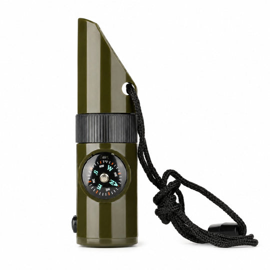 Kit supravieturie, Fluier multifunctional 7 in 1, pentru drumetii, hiking, lupa, fluier, termometru, depozitare pastile, busola, din material ABS, cu snur, 9, 7 x 2, 8 cm, verde