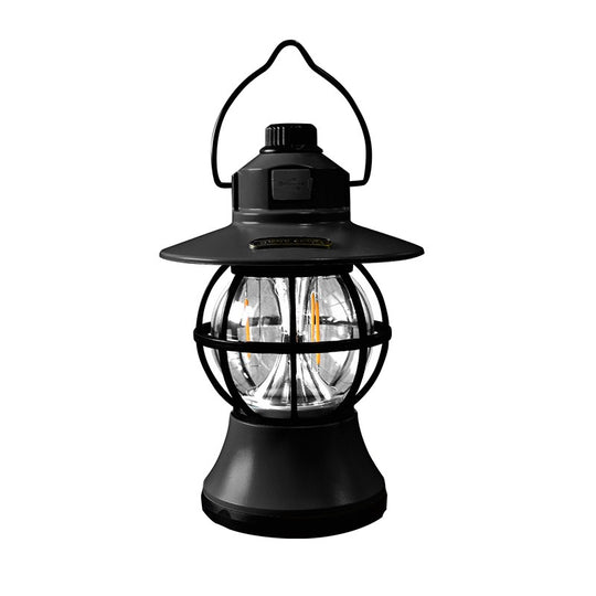 Lampă de camping retro portabilă, Felinar Vintage LED ABS, Acumulator inclus 1200 mAh, reincarcabila, 20 cm inaltime, 3 moduri de iluminare, intensitate reglabila, Lampa portabila pentru cort în aer liber, Negru