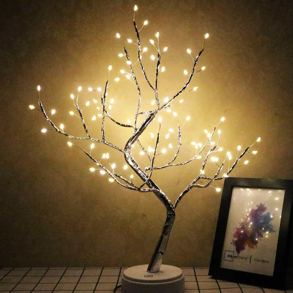 Lampa de veghe LED cu baterii si USB, Model Copac din cupru, Alb cald