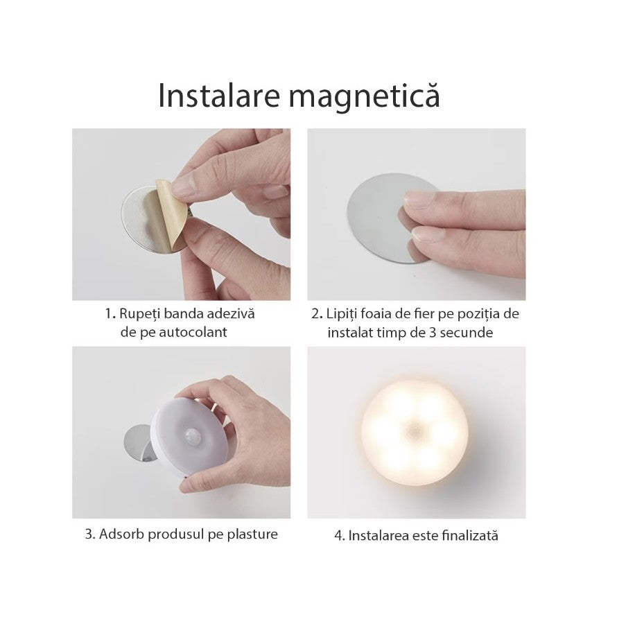 Lampa de Veghe LED, cu Senzor de Miscare, Incarcare USB, 0.6W, 300mAh, Design Rotund, Alb, 8.5x2.3 cm