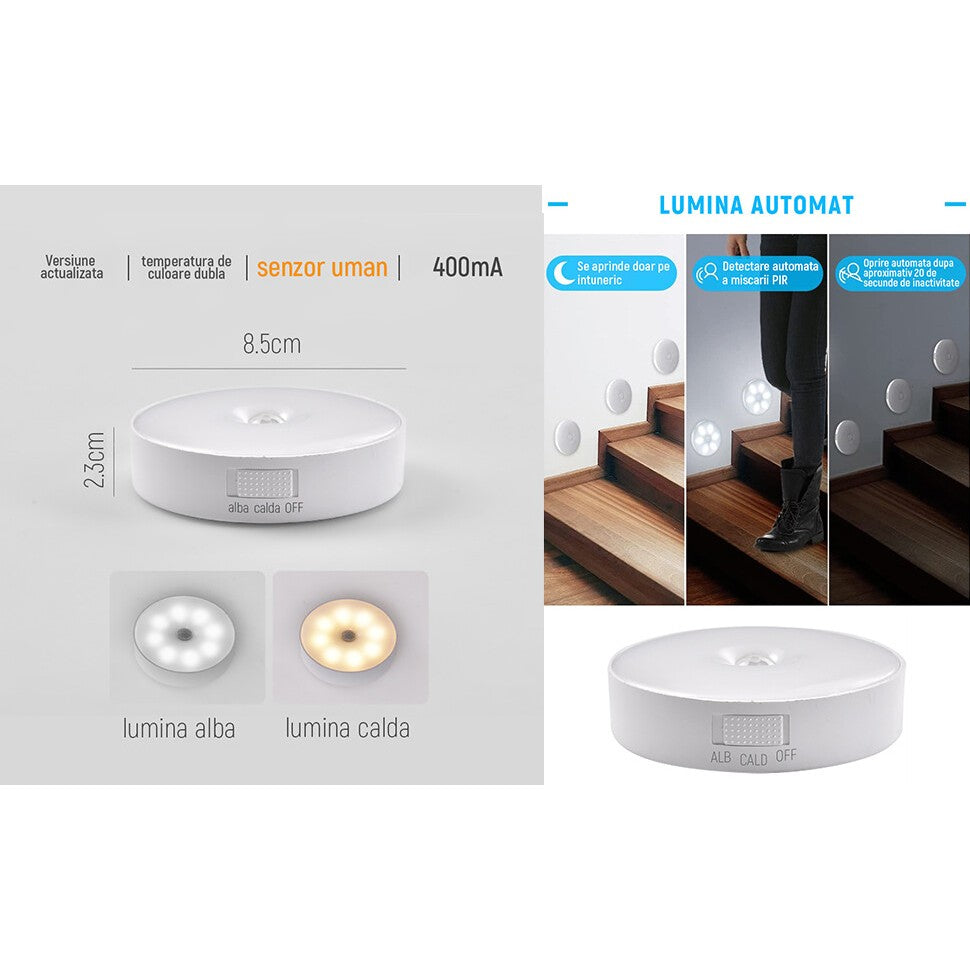 Lampa de Veghe LED, cu Senzor de Miscare, Incarcare USB, 0.6W, 300mAh, Design Rotund, Alb, 8.5x2.3 cm