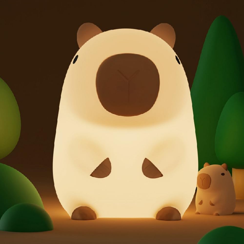 Lampa de Veghe pentru Copii, din Silicon, Senzor Tactil, Model Capibara, Lumina Calda, Protectie pentru Ochi, Incarcare USB, Capacitate Baterie Incorporata 800mAh, 10.8x9x12.8 cm, Alb