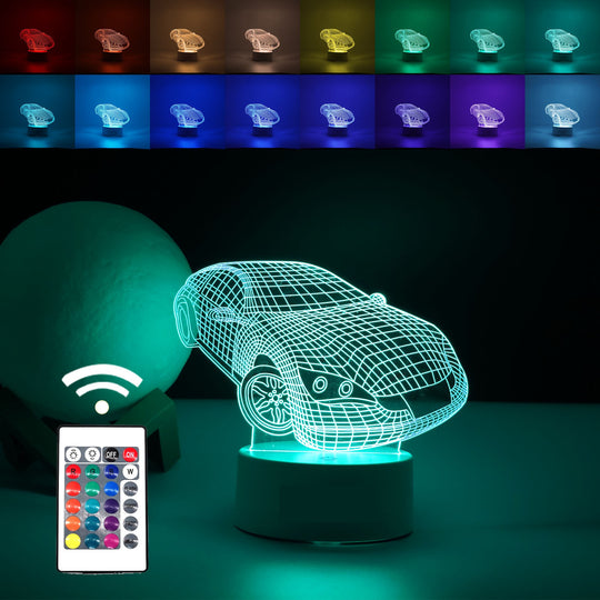 Lampa LED decorativa, 3D, Masina Sport, doua moduri de alimentare USB si baterii, 20 cm inaltime, din material acril si lumina multicolora, alb
