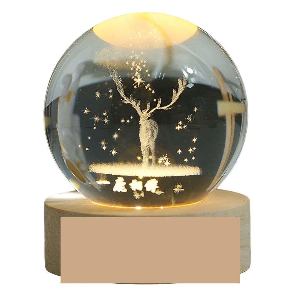 Lampa LED Decorativa, cu Bila de Cristal cu Diametru 6cm, Model Cerb 3D, Alimentare USB, Suport din Lemn, Lumina Alb Cald