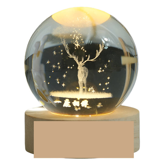 Lampa LED Decorativa, cu Bila de Cristal cu Diametru 6cm, Model Cerb 3D, Alimentare USB, Suport din Lemn, Lumina Alb Cald